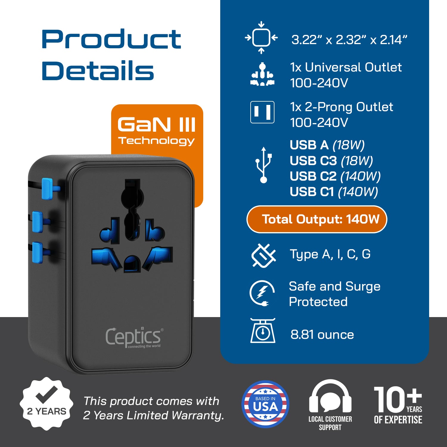 140W Universal Travel Adapter - 3 USB-C, 1 USB-A, Universal and USA/JP socket - (UP-140KU)