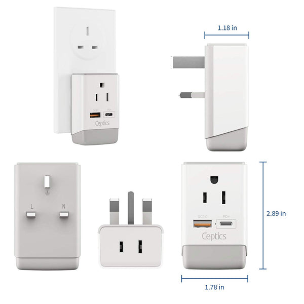 UK, England Travel Adapter | Type G - USB-A & USB-C Ports + 2 USA Outlet (AP-7)