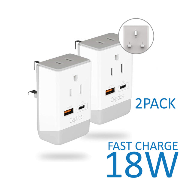 UK, England Travel Adapter | Type G - USB-A & USB-C Ports + 2 USA Outlet (AP-7)