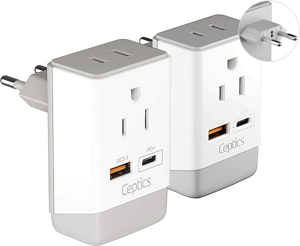 European Travel Adapter | Type C - USB-A & USB-C Ports + 2 USA Outlet (AP-9C)