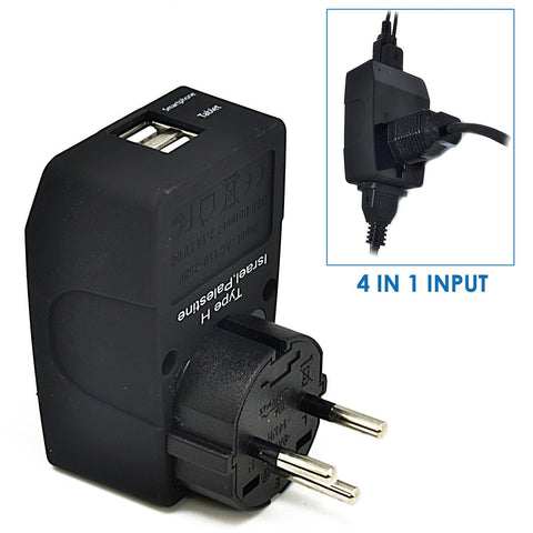 Israel Travel Adapter - Type H - 4 in 1 - 2 USB Ports (GP4-14)