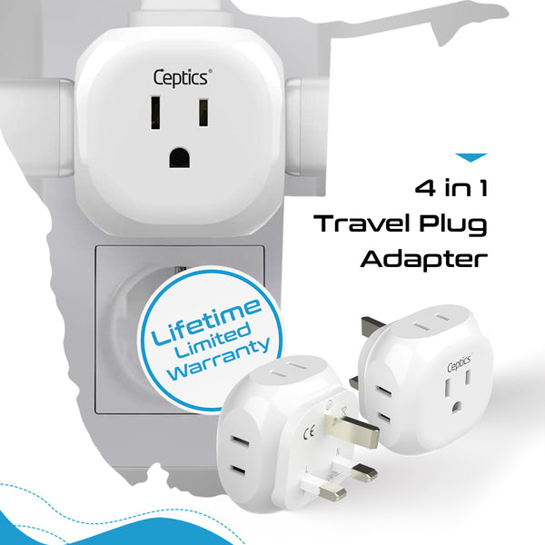 UK, Ireland Travel Plug Adapter - 4 in 1 - Ultra Compact - Light Weight (PT-7)