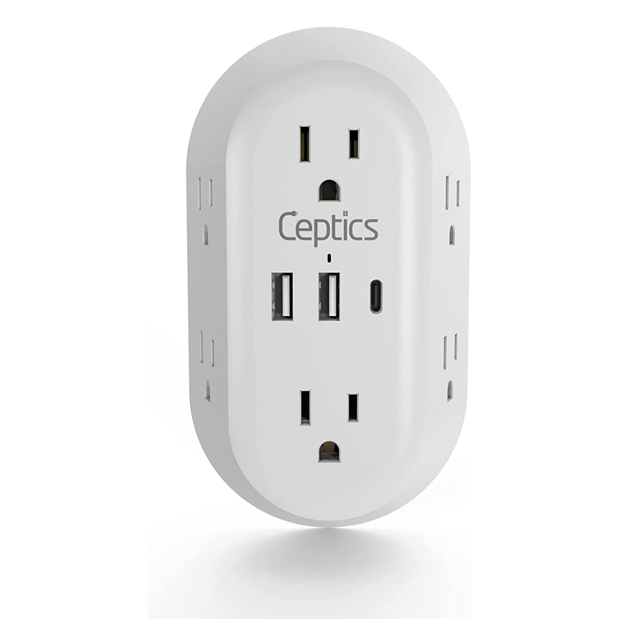 Wall Power Strip Charger by Ceptics - Small & Compact - Surge Protector 1800J - Grounded Dual USB - 6 USA Outlets Input (PS-6B-3U)
