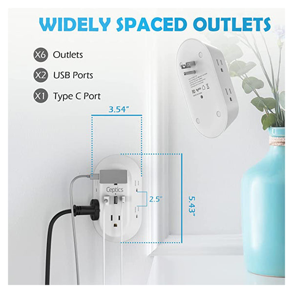 Wall Power Strip Charger by Ceptics - Small & Compact - Surge Protector 1800J - Grounded Dual USB - 6 USA Outlets Input