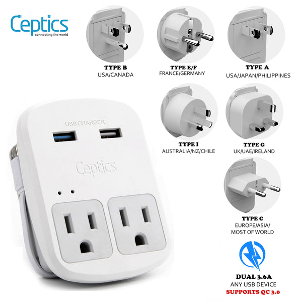 World Travel Adapter Kit with USB Ports & 2 Outlets | Ceptics