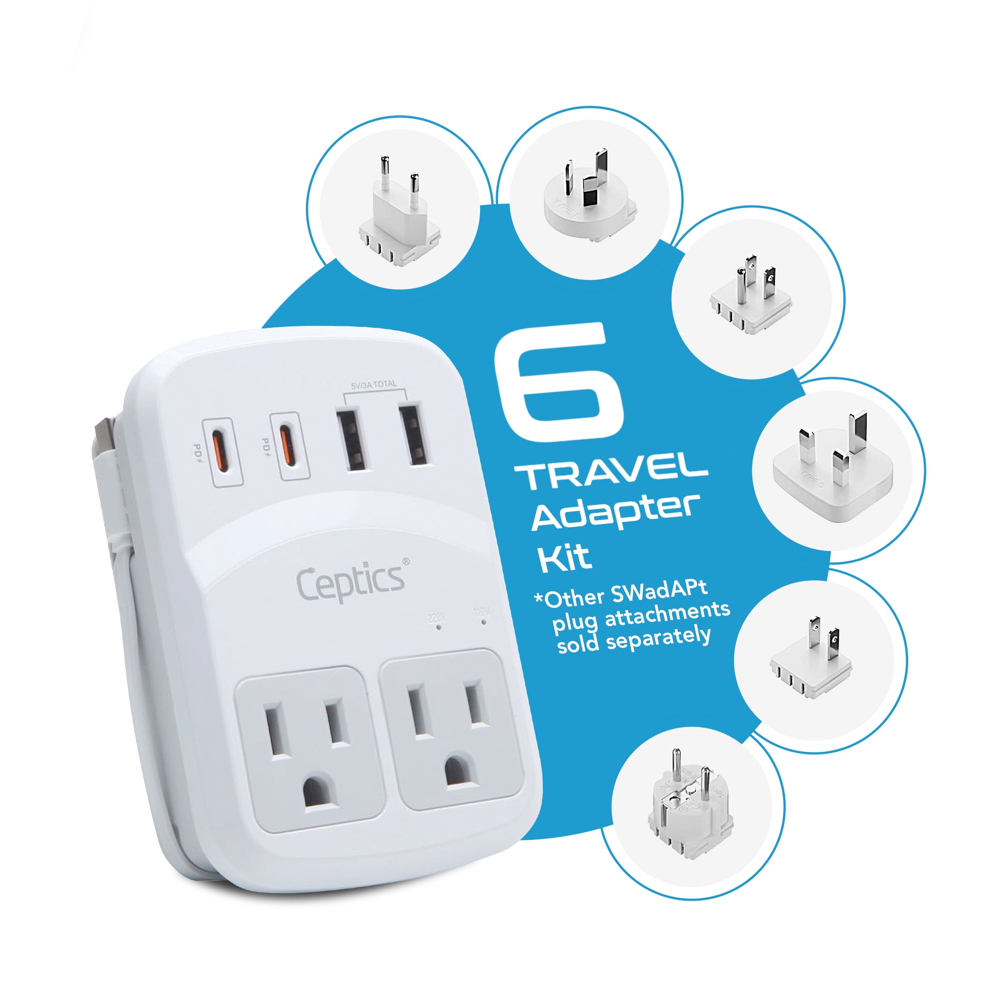 World-Way 6 Travel Adapter Kit | 2 USB-A + 2USB-C + 2 US Outlets - Grounded (WPS-5B)