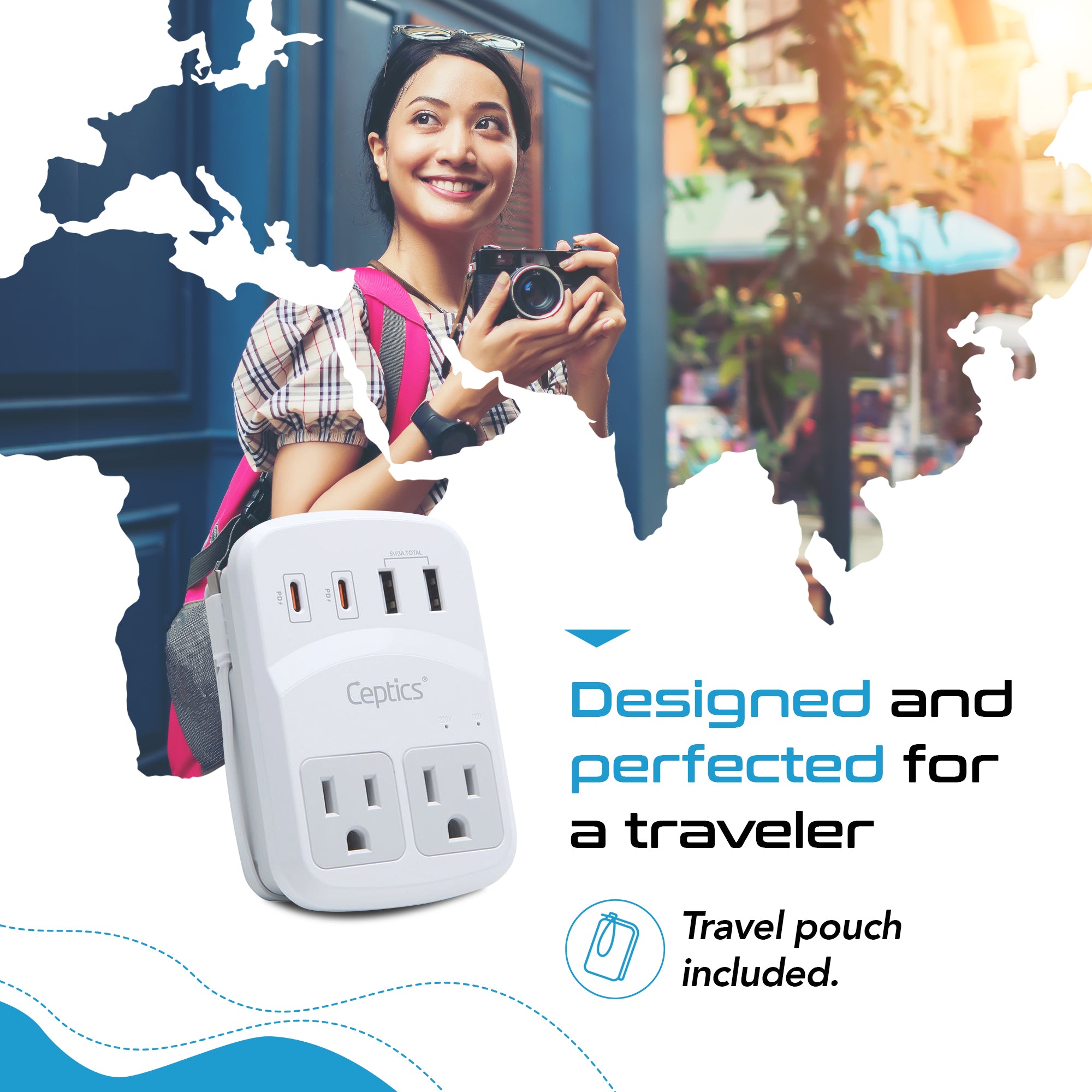 World-Way 6 Travel Adapter Kit | 2 USB-A + 2USB-C + 2 US Outlets - Grounded (WPS-5B)