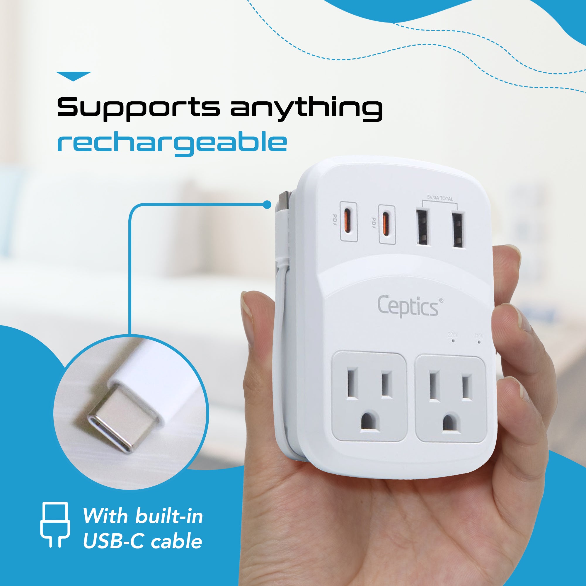 World-Way 6 Travel Adapter Kit | 2 USB-A + 2USB-C + 2 US Outlets - Grounded (WPS-5B)