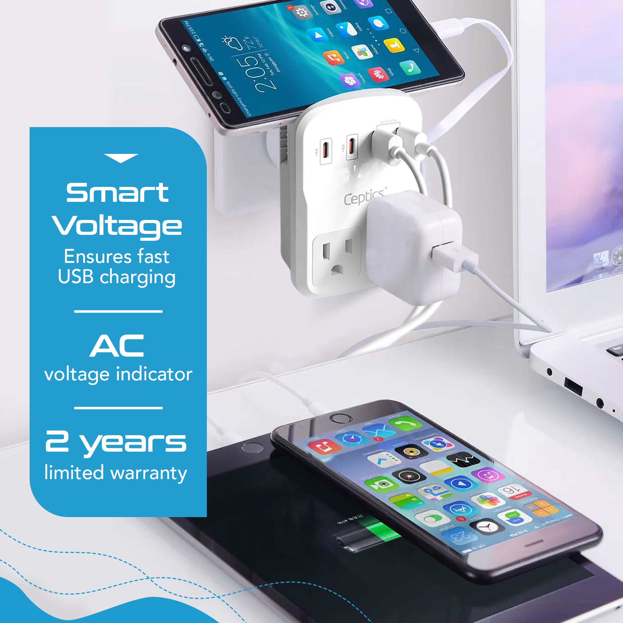 World-Way 6 Travel Adapter Kit | 2 USB-A + 2USB-C + 2 US Outlets - Grounded (WPS-5B)