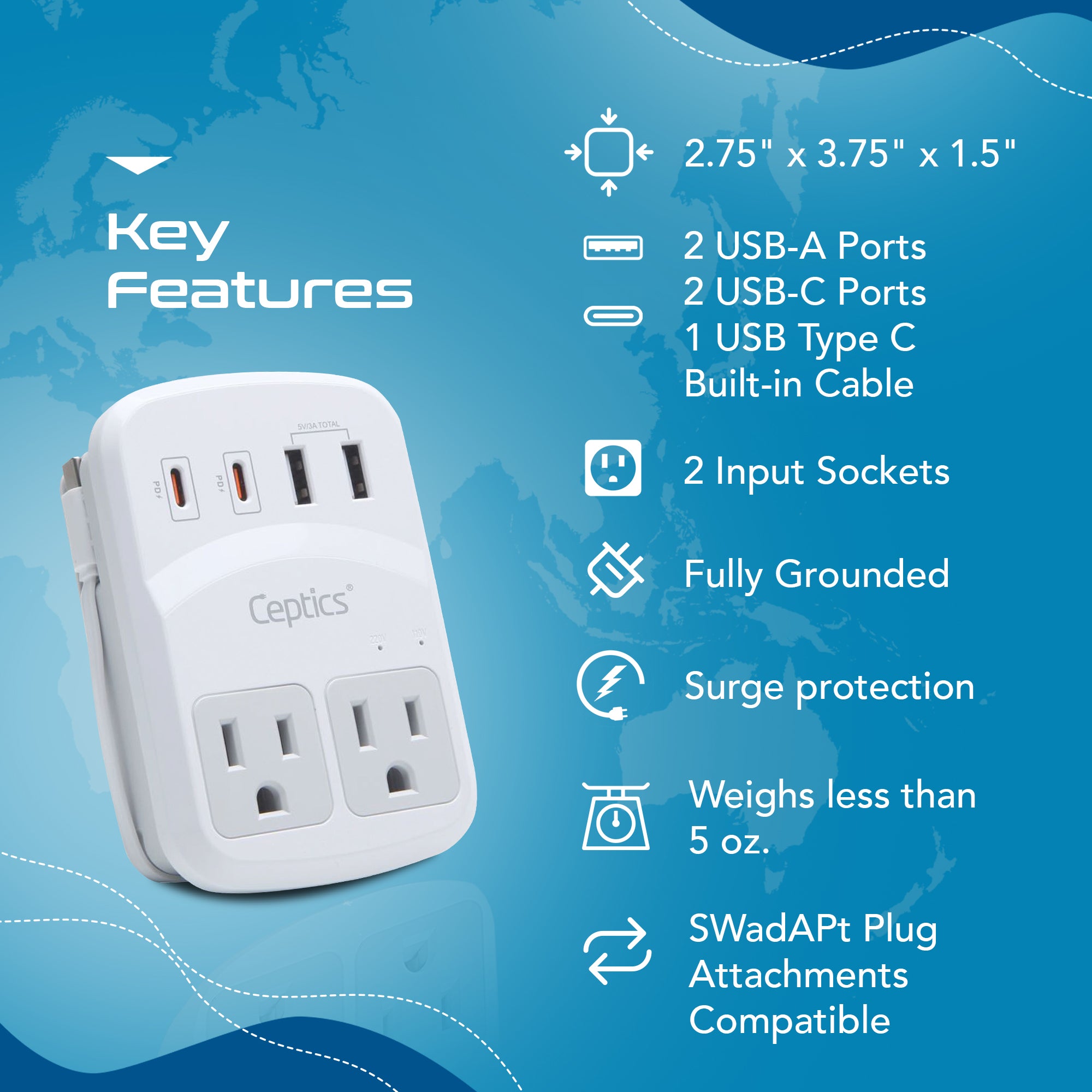 World-Way 6 Travel Adapter Kit | 2 USB-A + 2USB-C + 2 US Outlets - Grounded (WPS-5B)