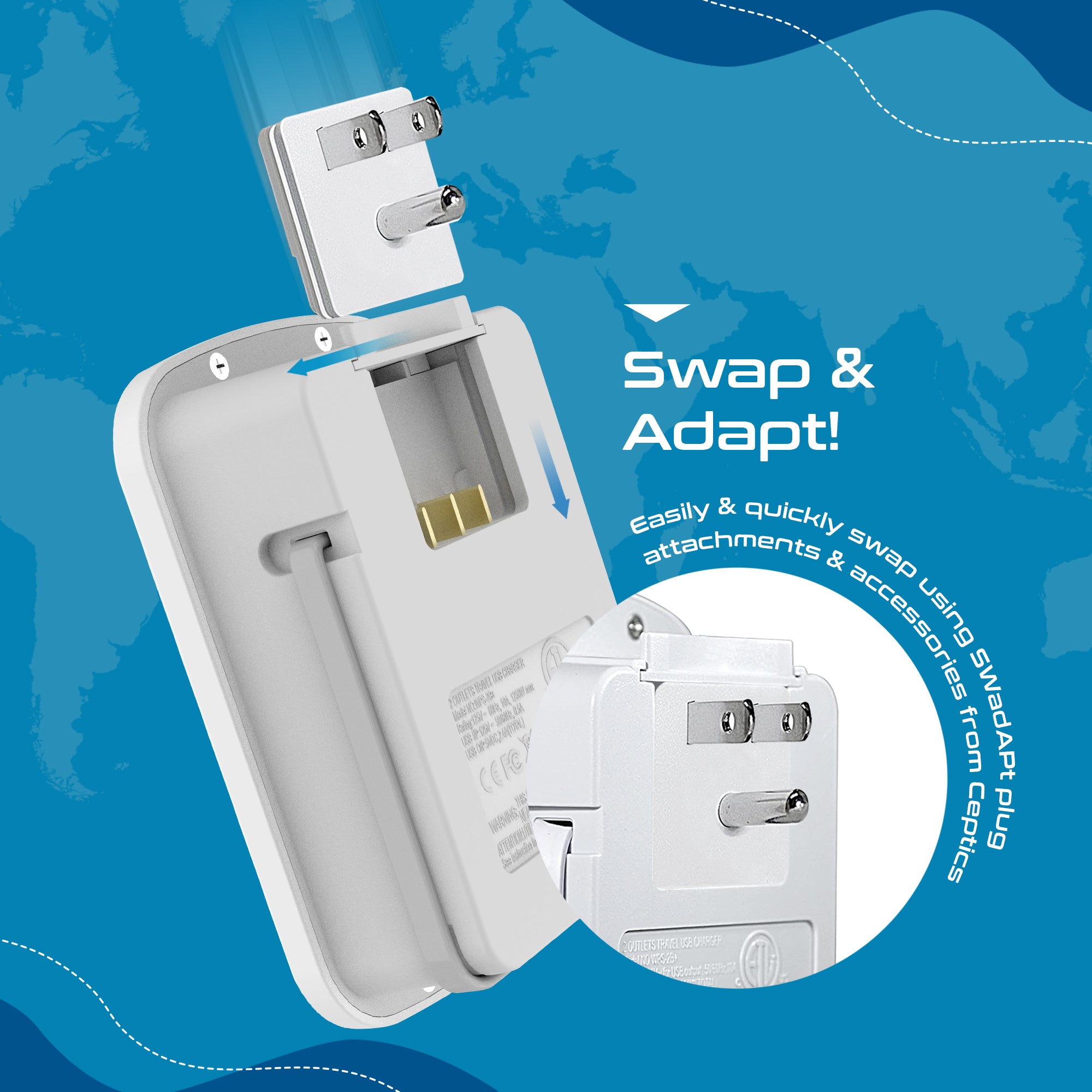 World-Way 6 Travel Adapter Kit | 2 USB-A + 2USB-C + 2 US Outlets - Grounded (WPS-5B)
