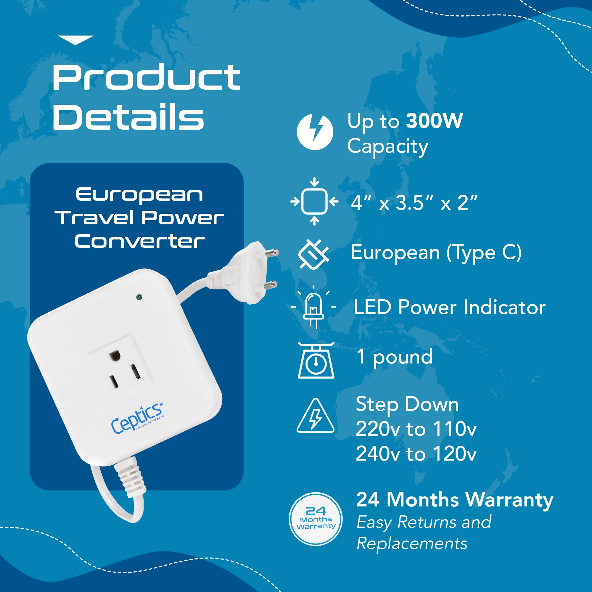 300W Step down converter – 220v to 110v voltage converter – Compact & Noise-free – CE certified