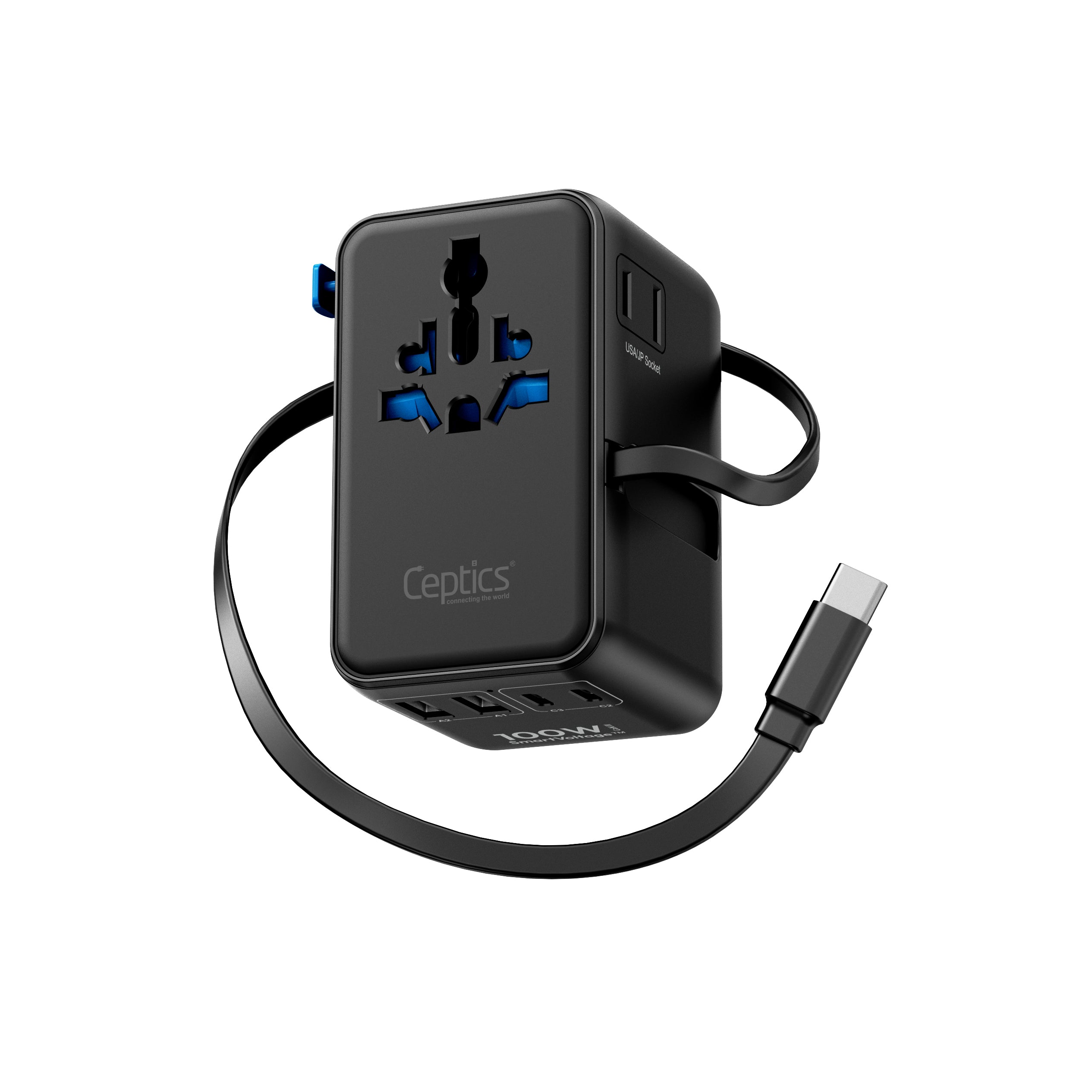 100W Universal Travel Adapter - 2 USB-C, 2 USB-A + 1 GaN 3.0 retractable cable - (UP-100KU-WC)