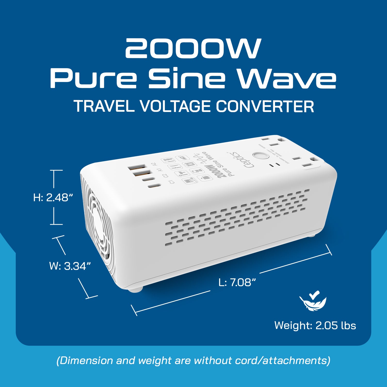 2000W Pure Sine Wave Step Down Converter – 2x 2000W, outlets & 2x USB-A + 2x USB-C – AC 220-240V to 110V-120V Travel Voltage Converter - (VC-S2000)