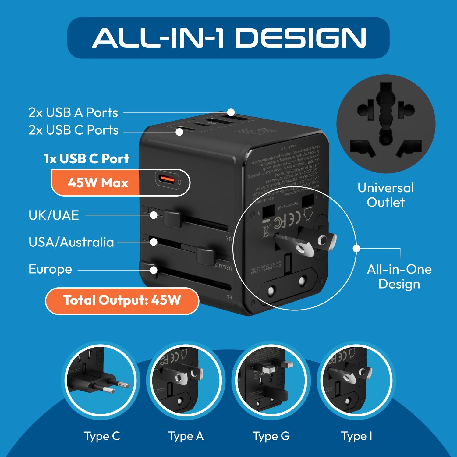 8 in 1 Universal Travel Adapter - Universal socket + 2 US/JP sockets with 2 USB-A + 3 USB-C - Max. 45W (9A) - Black (UP-45KU-BL)