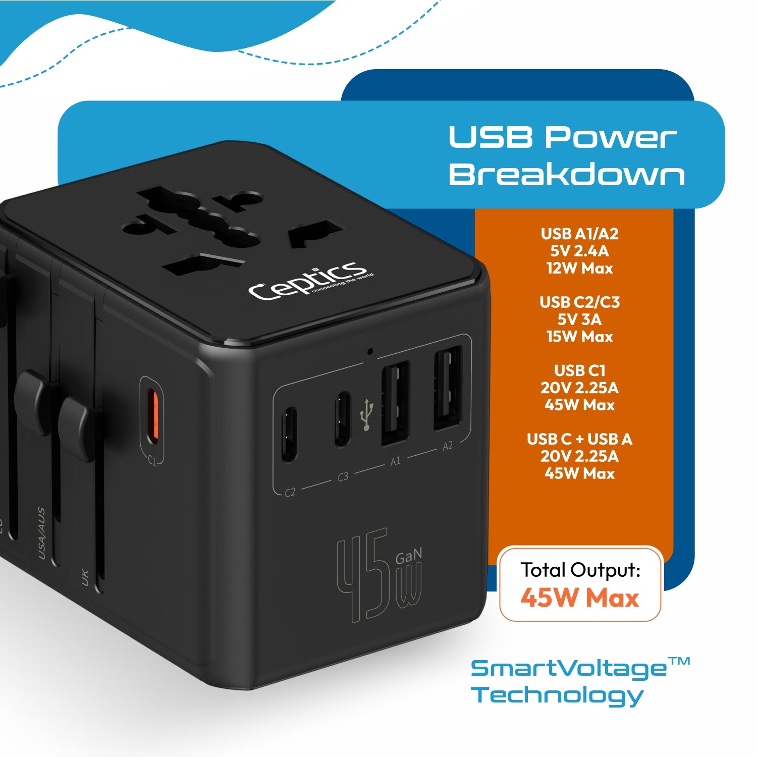8 in 1 Universal Travel Adapter - Universal socket + 2 US/JP sockets with 2 USB-A + 3 USB-C - Max. 45W (9A) - Black (UP-45KU-BL)