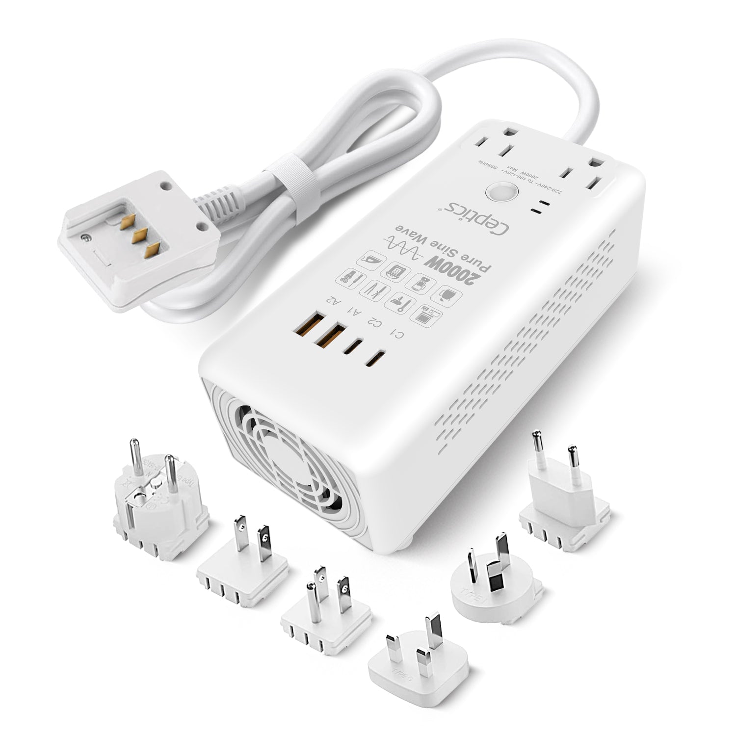 2000W Pure Sine Wave Step Down Converter – 2x 2000W, outlets & 2x USB-A + 2x USB-C – AC 220-240V to 110V-120V Travel Voltage Converter - (VC-S2000)