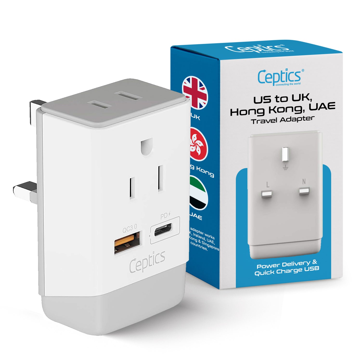 UK, England Travel Adapter | Type G - USB-A & USB-C Ports + 2 USA Outlet (AP-7)