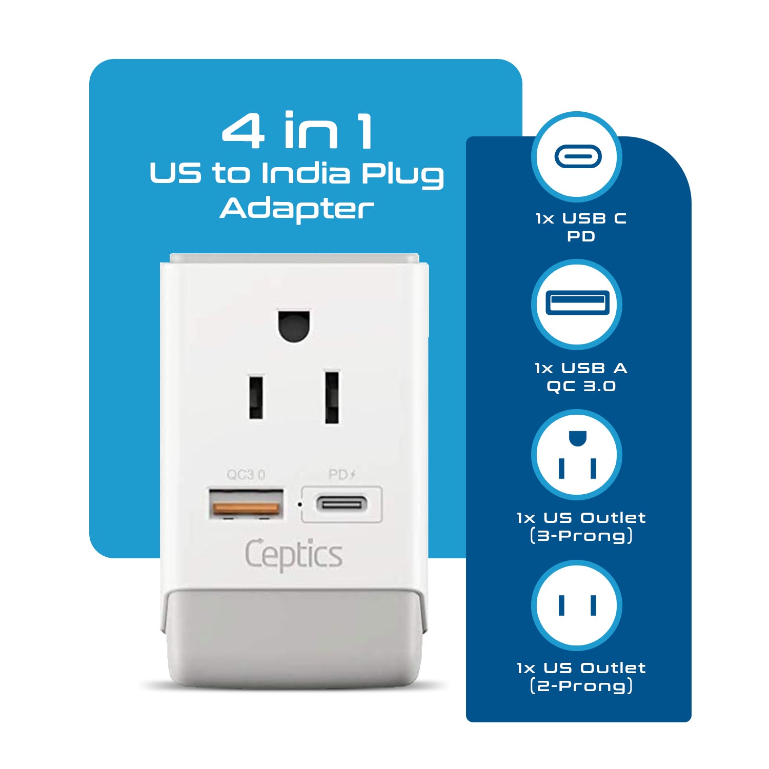 European Travel Adapter | Type C - USB-A & USB-C Ports + 2 USA Outlet (AP-9C)