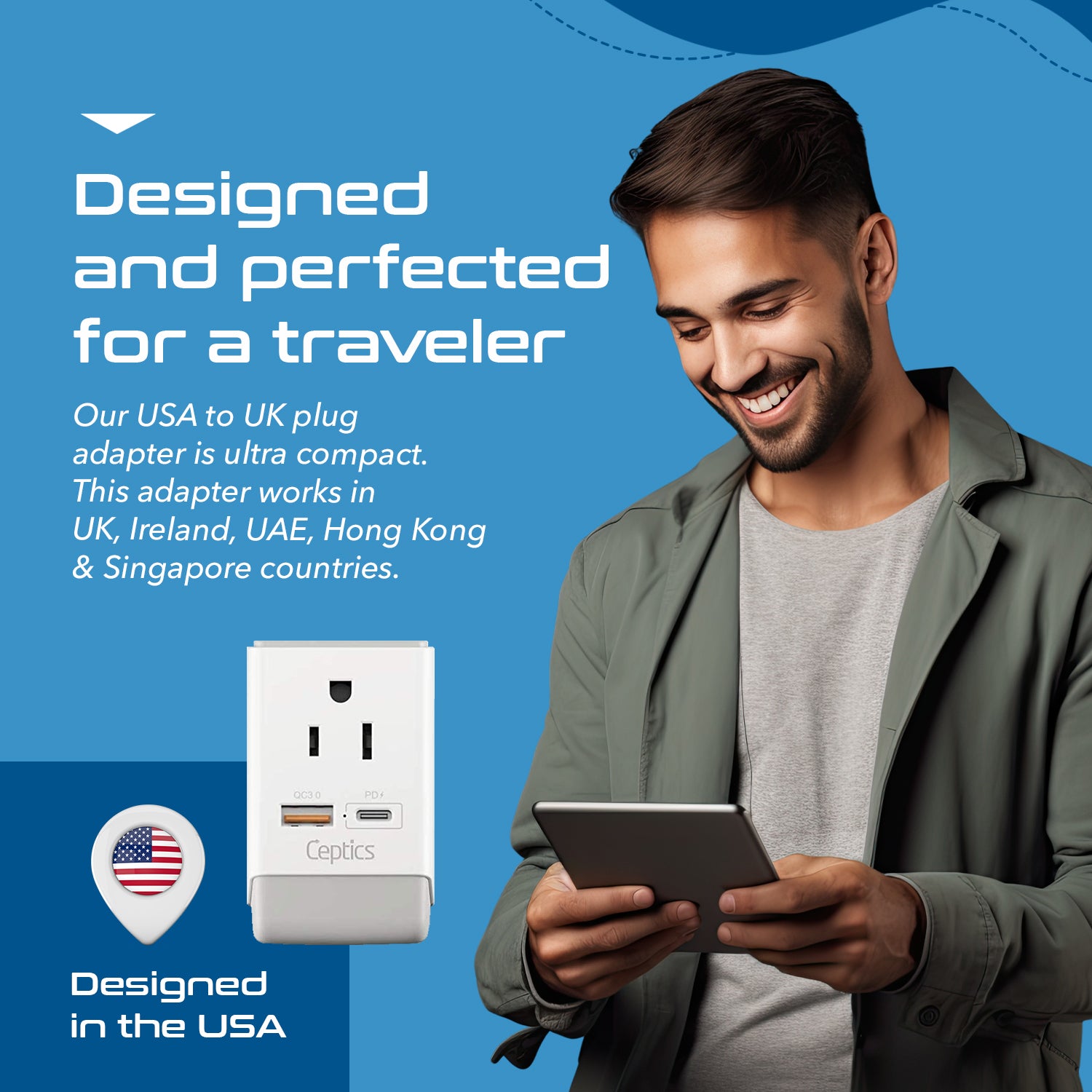 UK, England Travel Adapter | Type G - USB-A & USB-C Ports + 2 USA Outlet (AP-7)