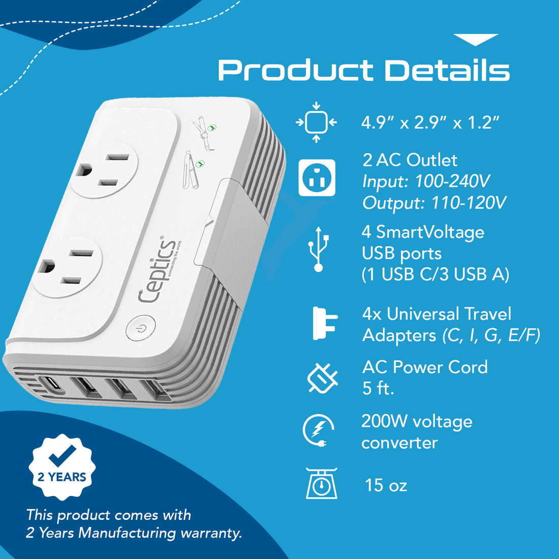 200W Step Down Converter – 2x outlets & 3 USB-A + 1 USB-C – AC 220-240