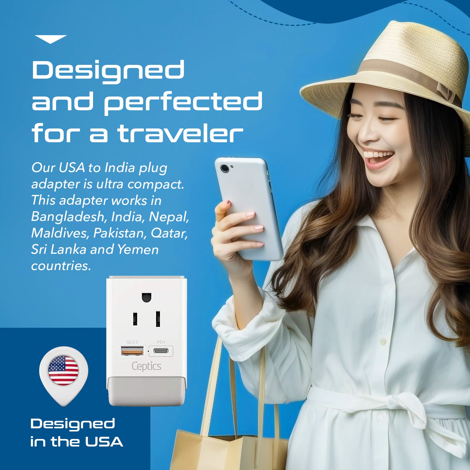 European Travel Adapter | Type C - USB-A & USB-C Ports + 2 USA Outlet (AP-9C)