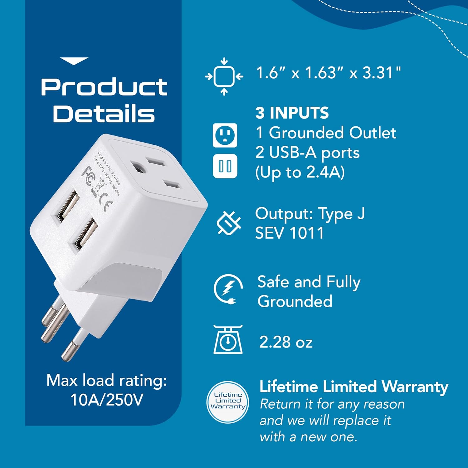 Switzerland Travel Adapter Plug Combo - Type J, C | Dual USB – Swiss Combo (CTU-9C-11A)