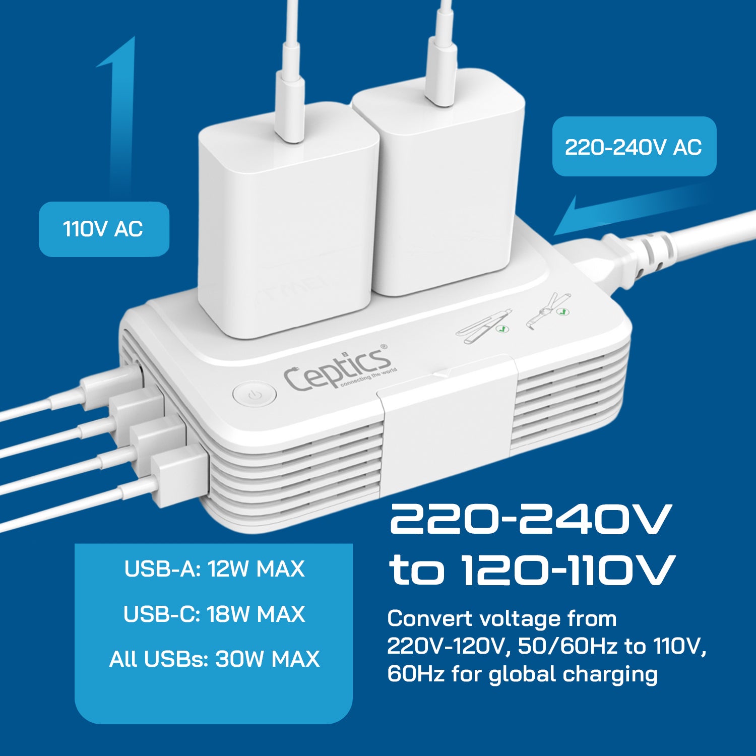 230W Travel Voltage Converter - 2 Outlets +  4 USB QC 3.0 (PU-200X-GP)