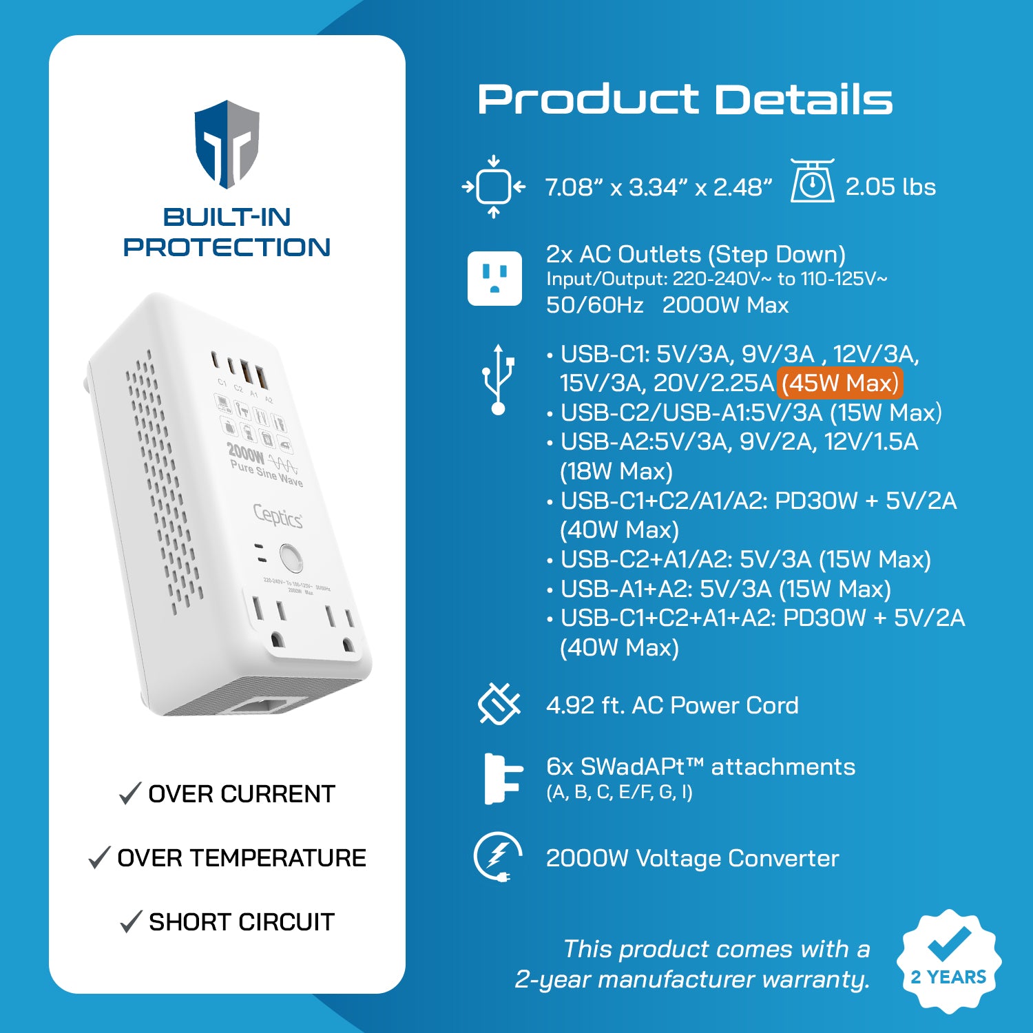 2000W Pure Sine Wave Step Down Converter – 2x 2000W, outlets & 2x USB-A + 2x USB-C – AC 220-240V to 110V-120V Travel Voltage Converter - (VC-S2000)