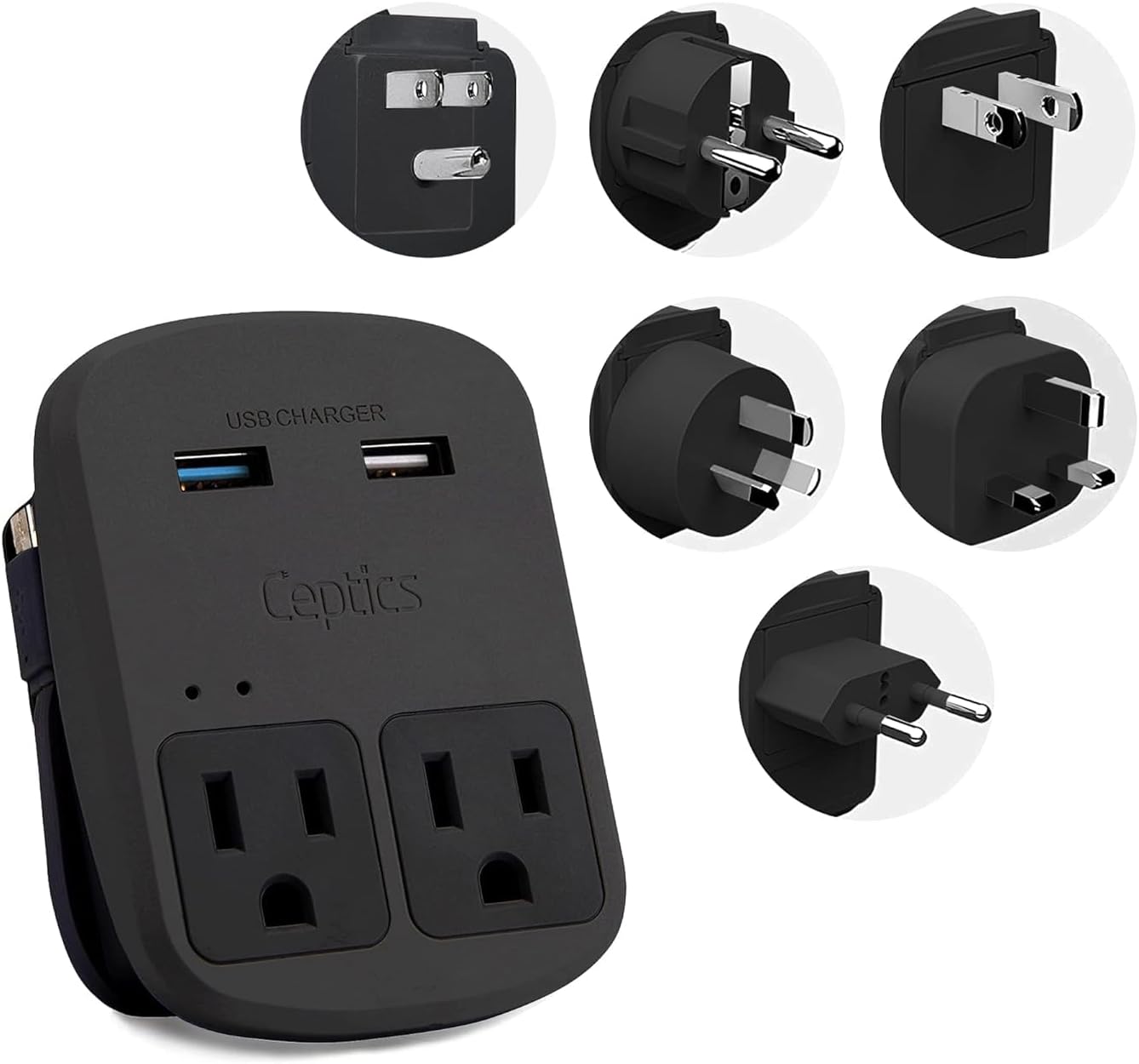 World-Way 6 Travel Adapter Kit | 2 USB + 2 US Outlets - Grounded (WPS-2B)