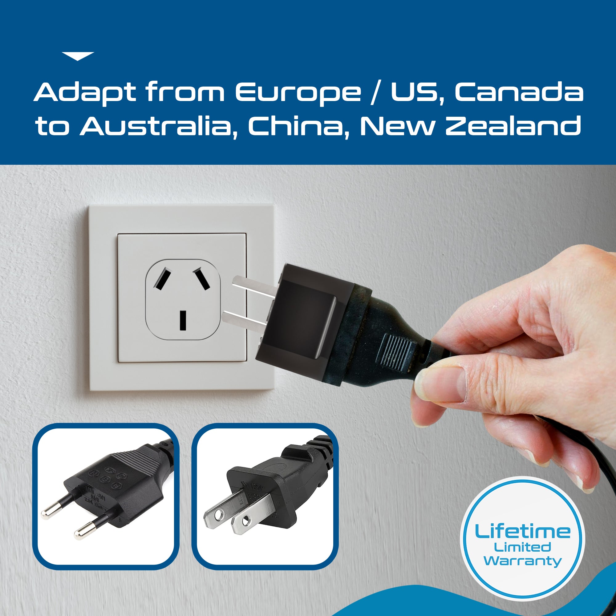 USA to Australia/China Plug Adapter - Non-Grounded (UP-6AU-12AU)