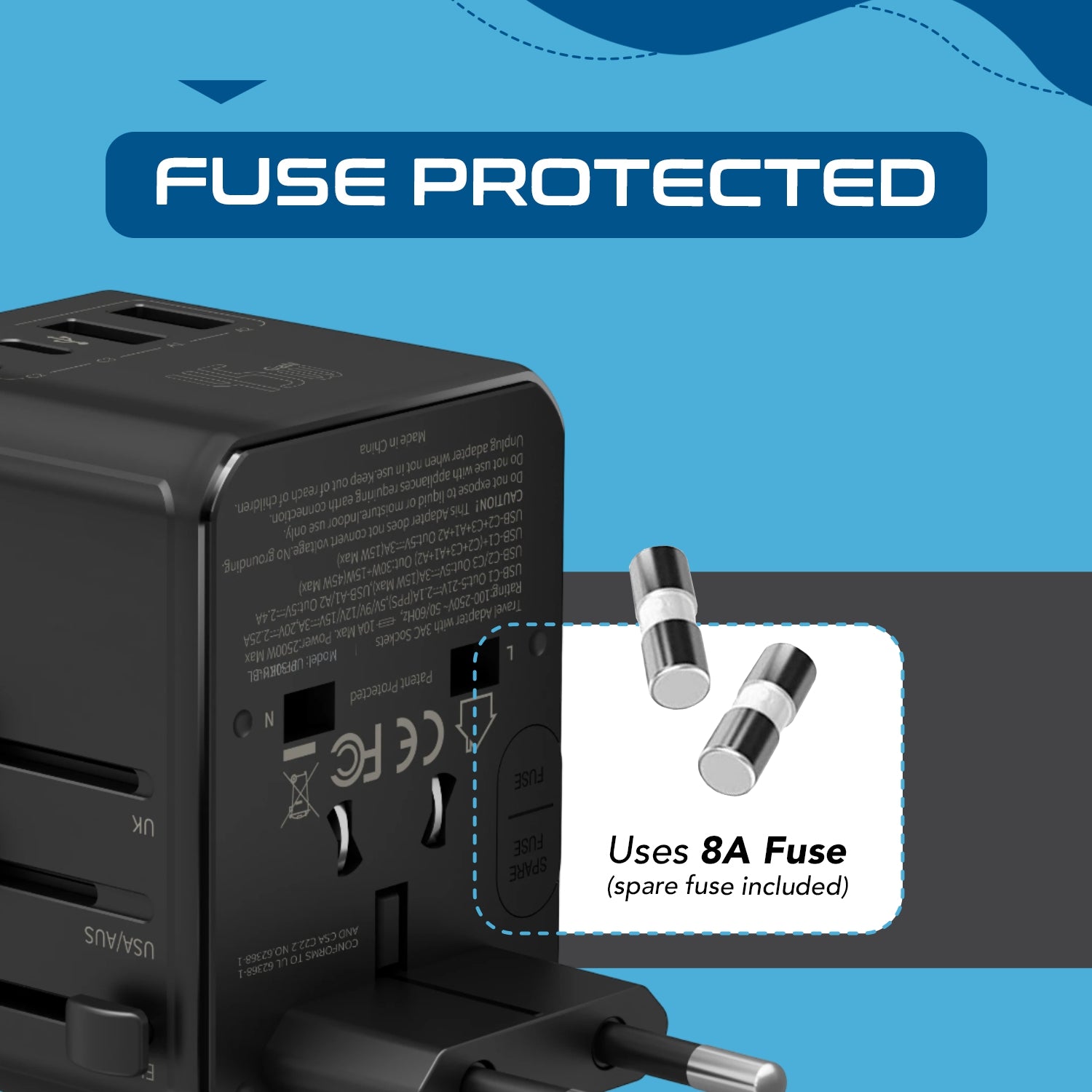 8 in 1 Universal Travel Adapter - Universal socket + 2 US/JP sockets with 2 USB-A + 3 USB-C - Max. 45W (9A) - Black (UP-45KU-BL)