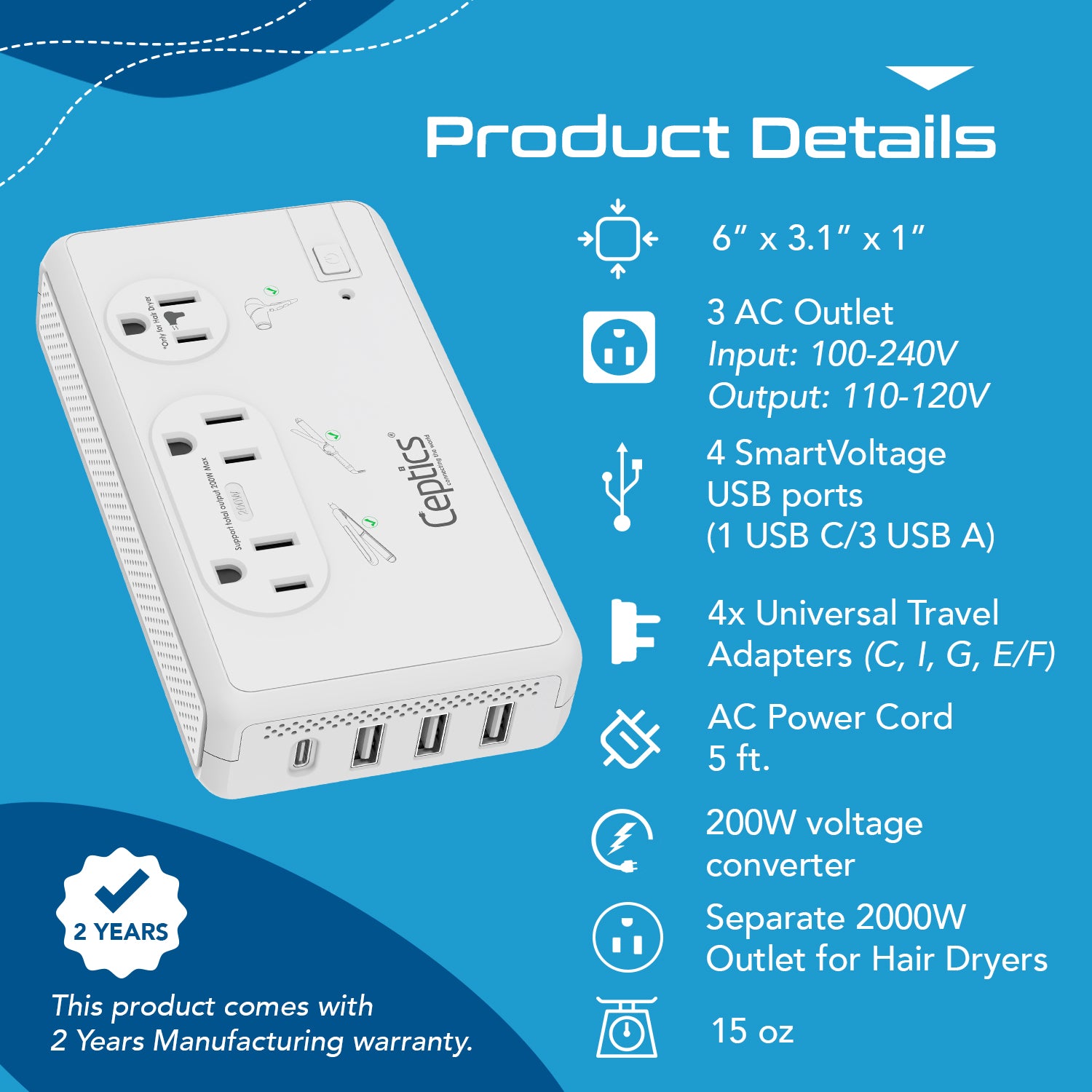 2000W Travel Voltage Converter - 2 USA outlets + Separate 2000W outlet for Hair dryers + 3 USB-A + 1 USB-C - 220V to 110V (LX-C2000-GP)