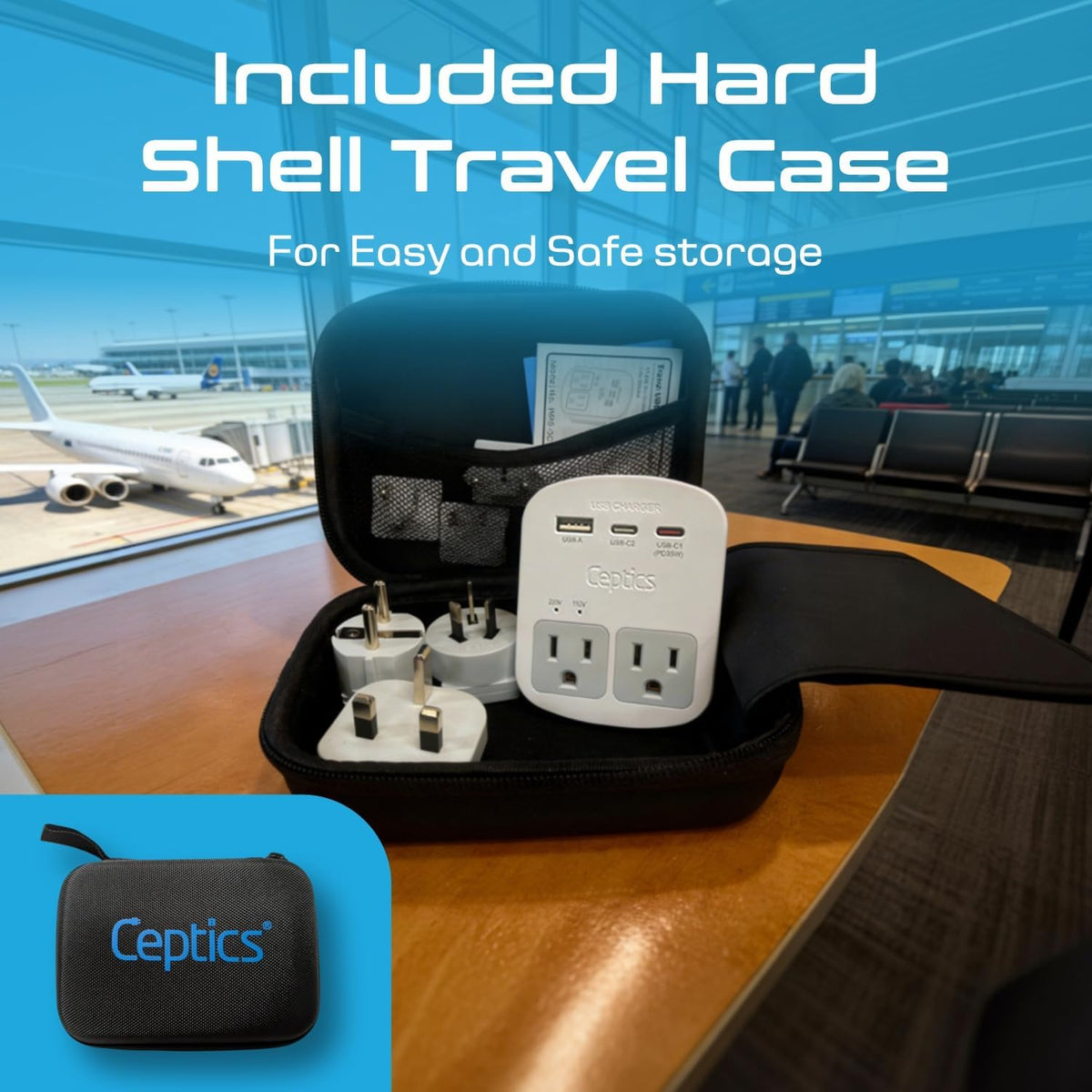 World-Way Travel Adapter Kit | 1 USB-A, 1 USB-C and 1 PD 35W USB-C por