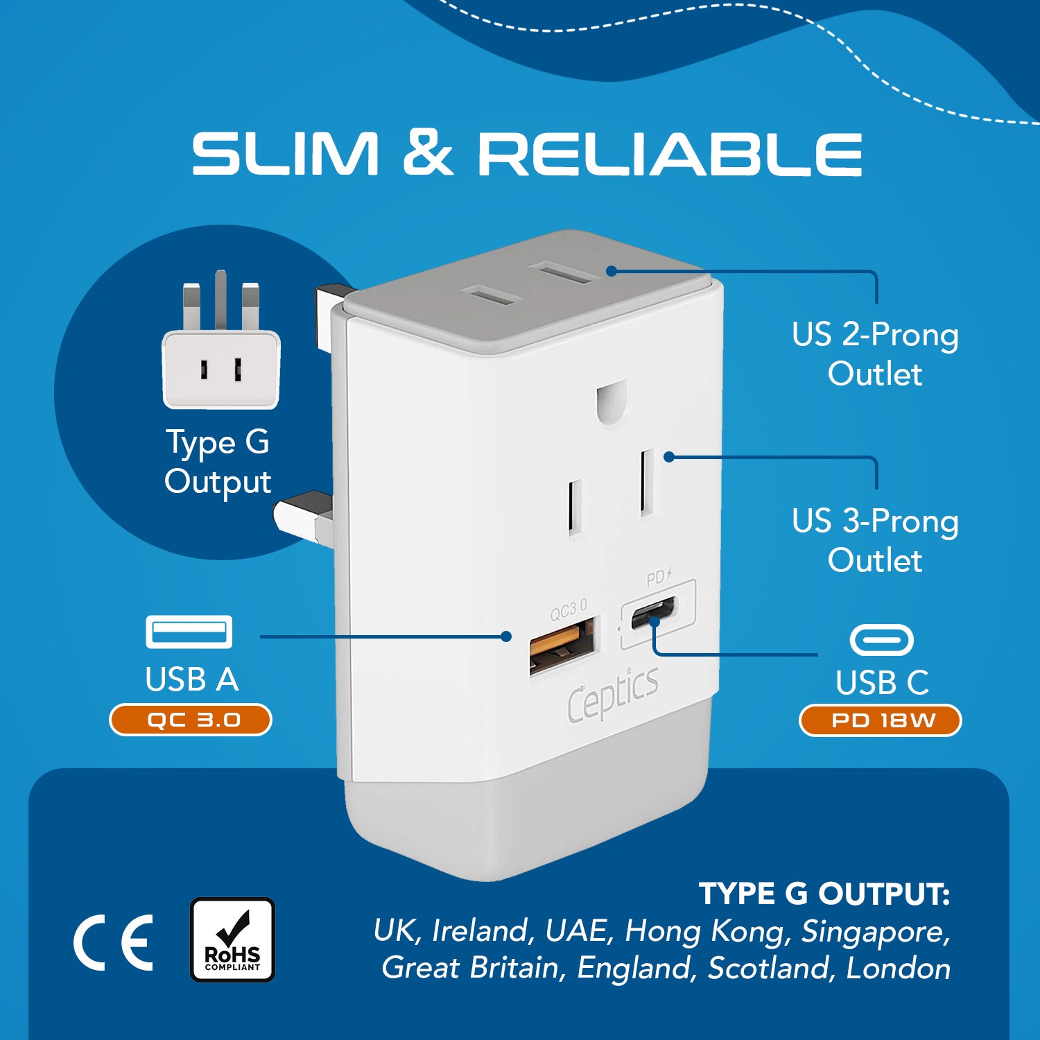 UK, England Travel Adapter | Type G - USB-A & USB-C Ports + 2 USA Outlet (AP-7)