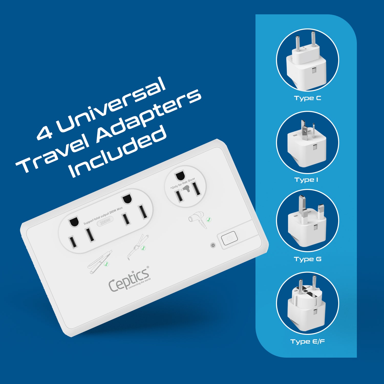 2000W Travel Voltage Converter - 2 USA outlets + Separate 2000W outlet for Hair dryers + 3 USB-A + 1 USB-C - 220V to 110V (LX-C2000-GP)