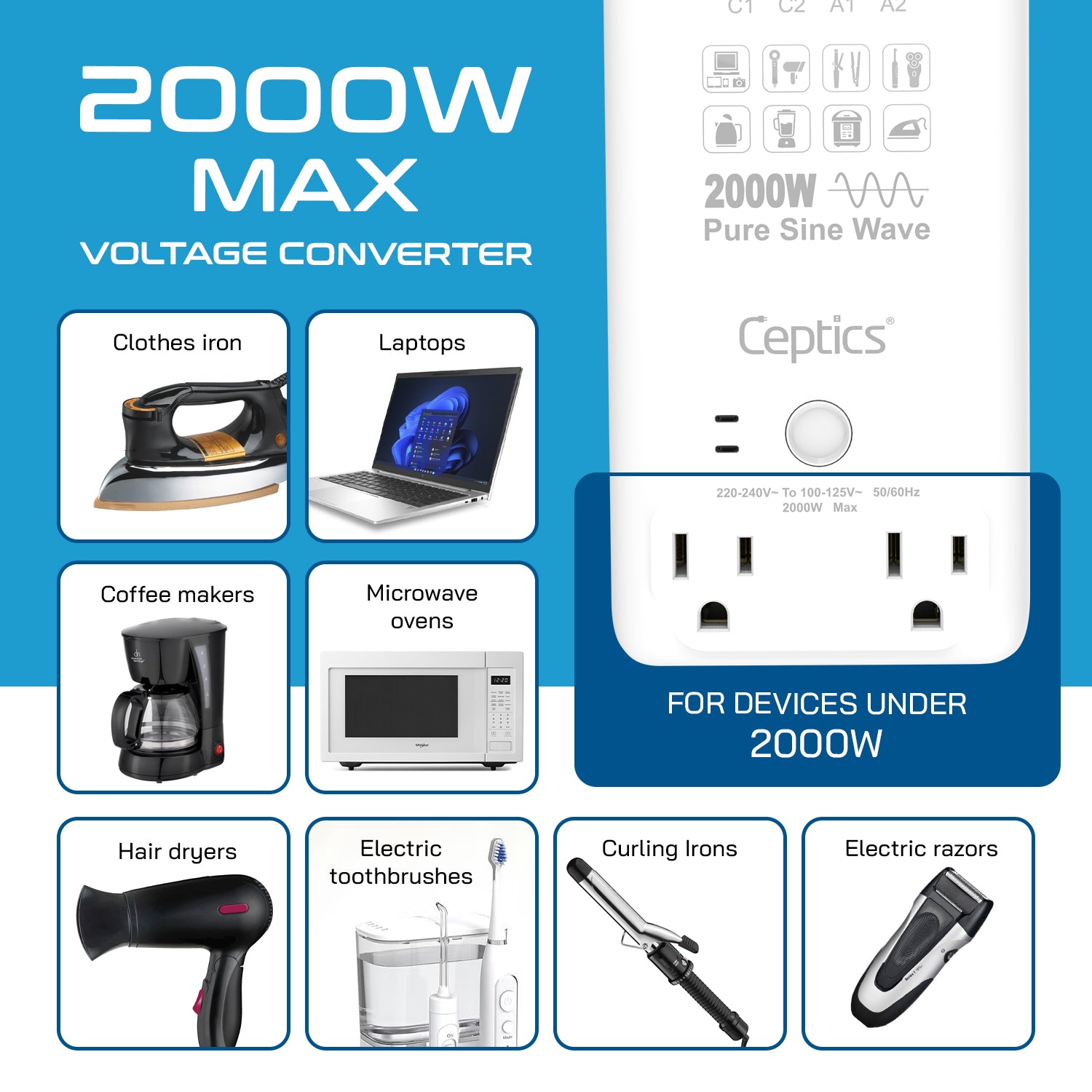2000W Pure Sine Wave Step Down Converter – 2x 2000W, outlets & 2x USB-A + 2x USB-C – AC 220-240V to 110V-120V Travel Voltage Converter - (VC-S2000)