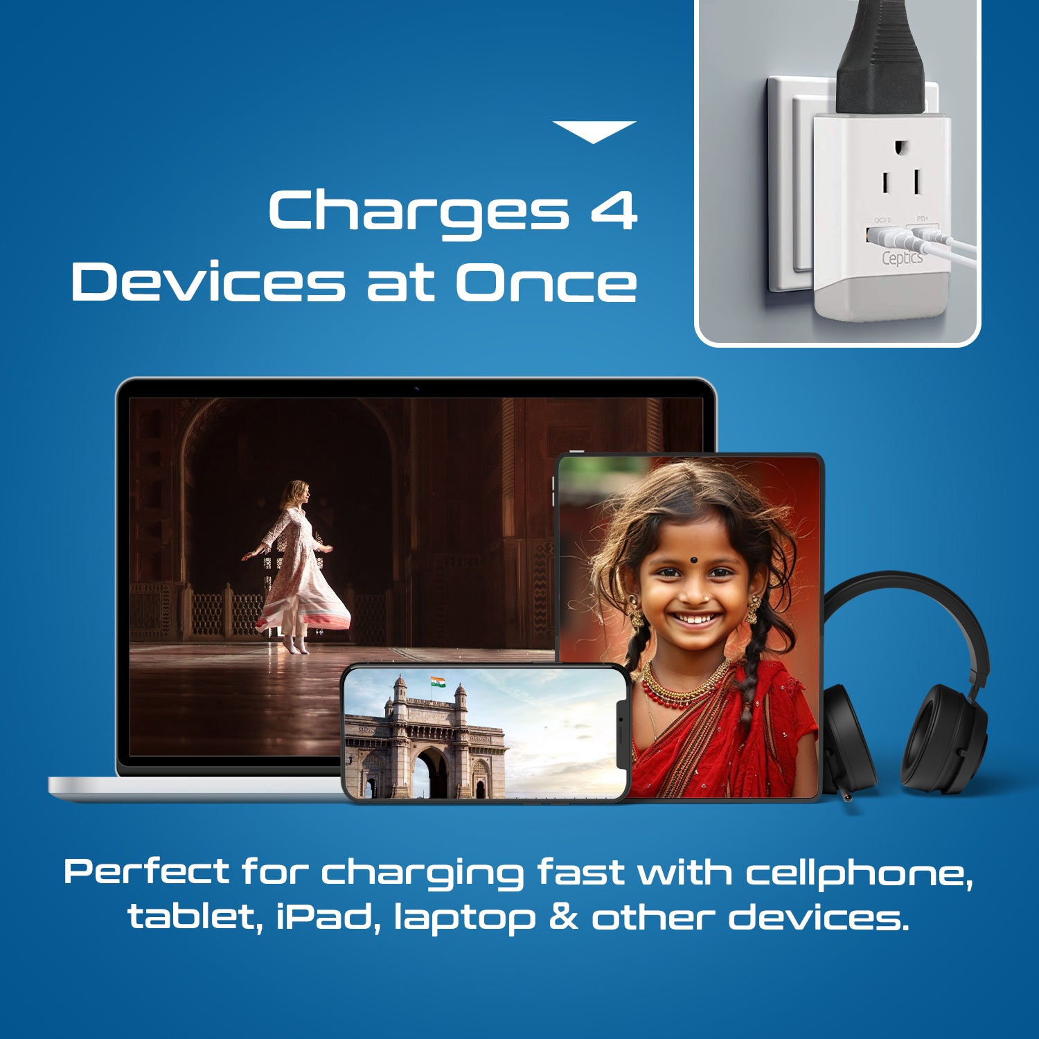 European Travel Adapter | Type C - USB-A & USB-C Ports + 2 USA Outlet (AP-9C)