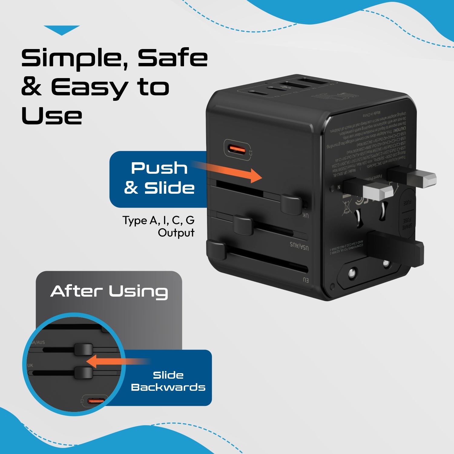 8 in 1 Universal Travel Adapter - Universal socket + 2 US/JP sockets with 2 USB-A + 3 USB-C - Max. 45W (9A) - Black (UP-45KU-BL)