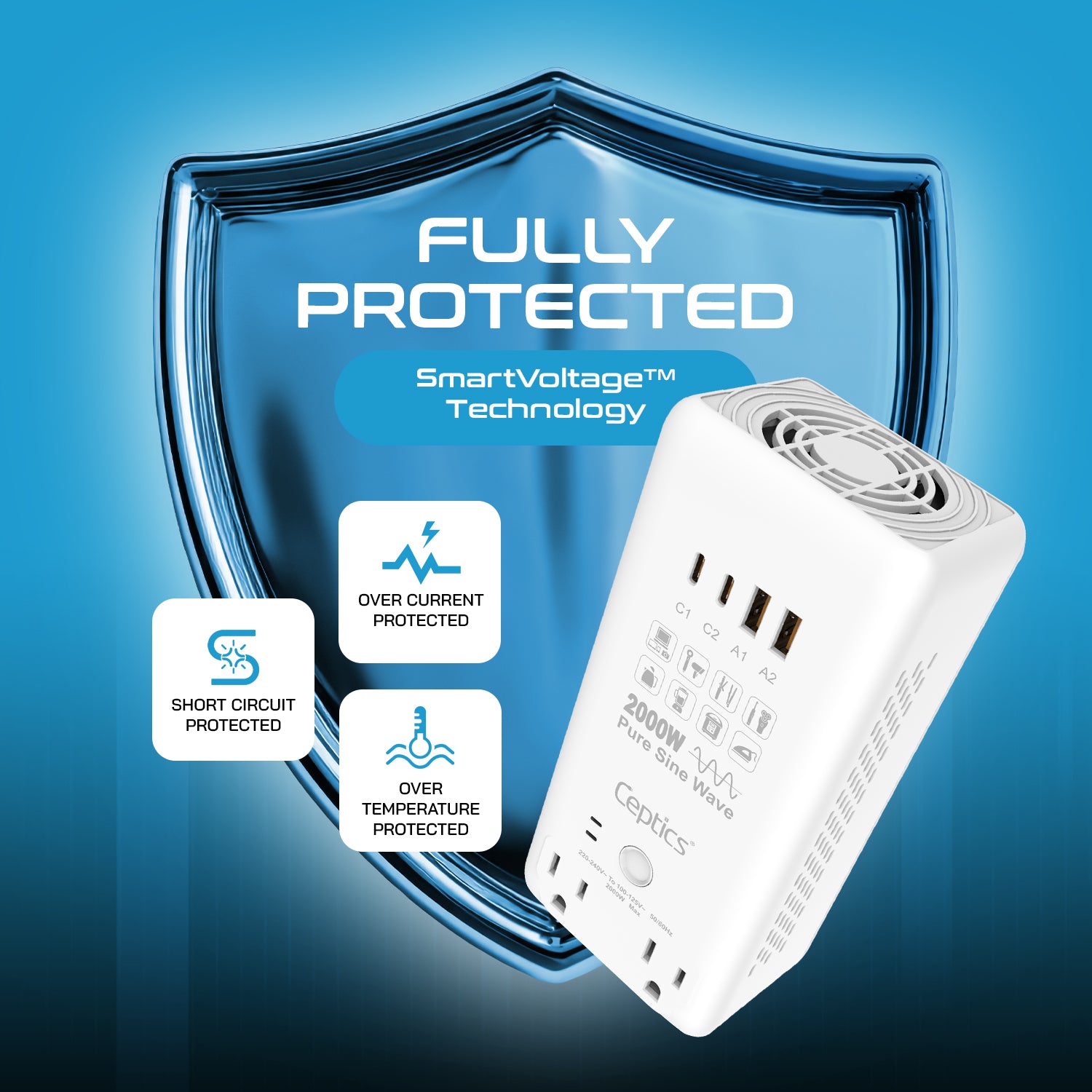 2000W Pure Sine Wave Step Down Converter – 2x 2000W, outlets & 2x USB-A + 2x USB-C – AC 220-240V to 110V-120V Travel Voltage Converter - (VC-S2000)