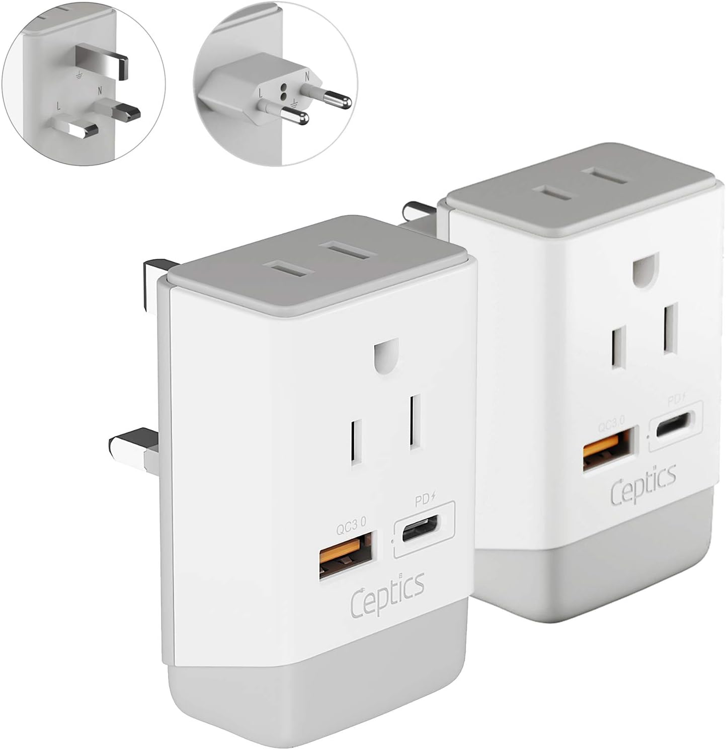 European Travel Adapter Combo | Type C & Type G - USB-A & USB-C Ports + 2 USA Outlet (AP-9C-7-PK)
