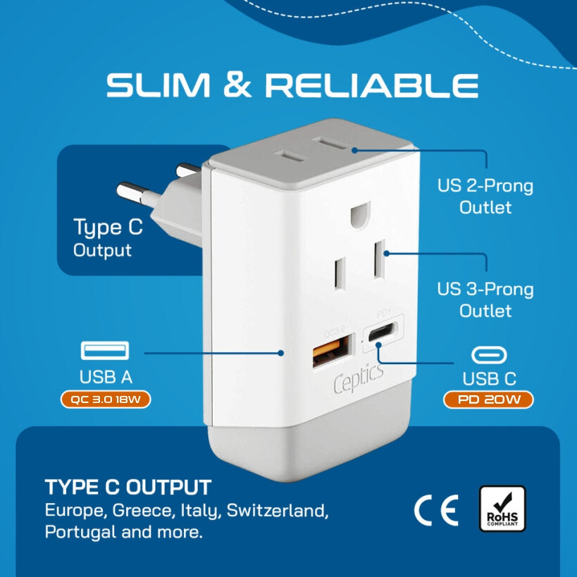 European Travel Adapter | Type C - USB-A & USB-C Ports + 2 USA Outlet (AP-9C)