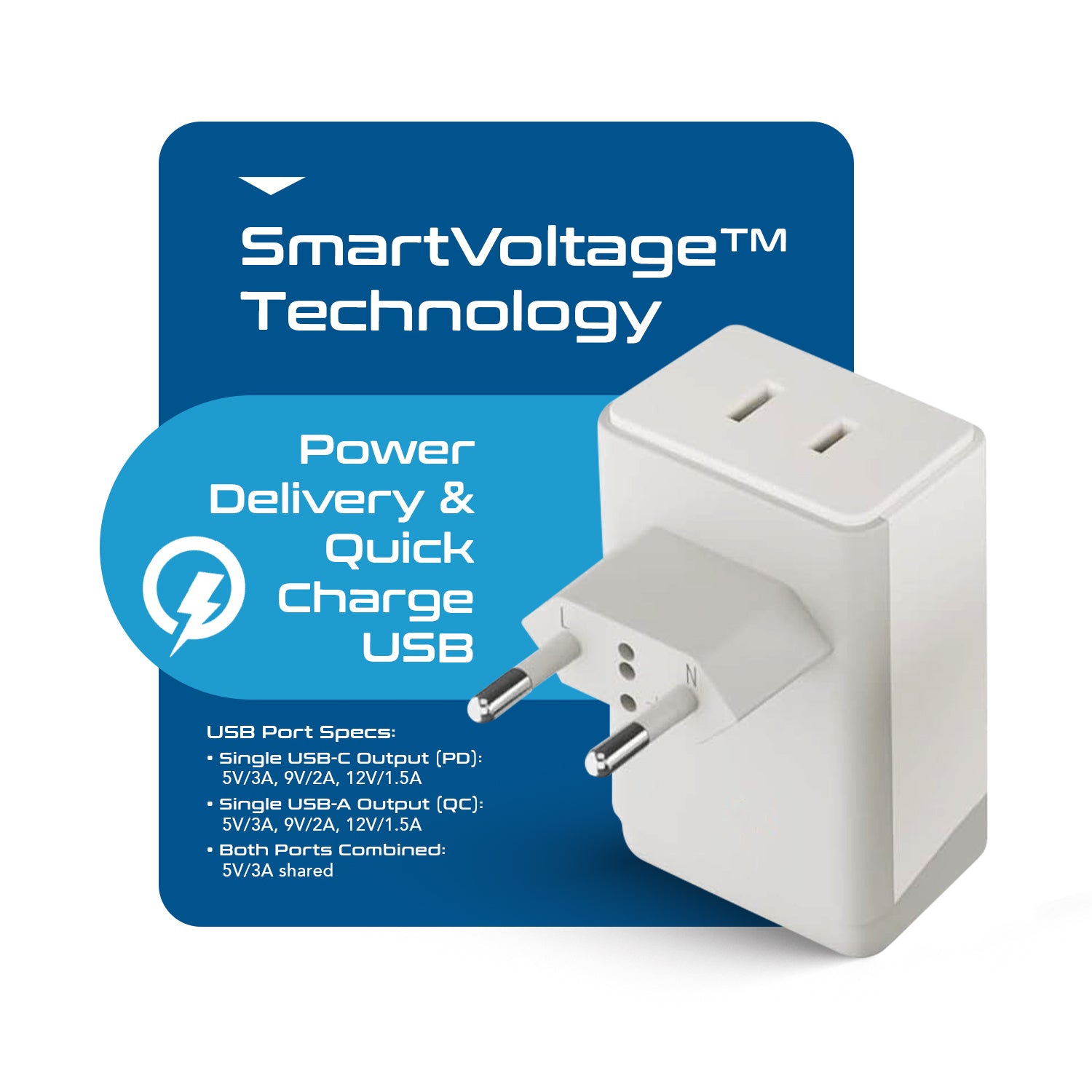 European Travel Adapter | Type C - USB-A & USB-C Ports + 2 USA Outlet (AP-9C)