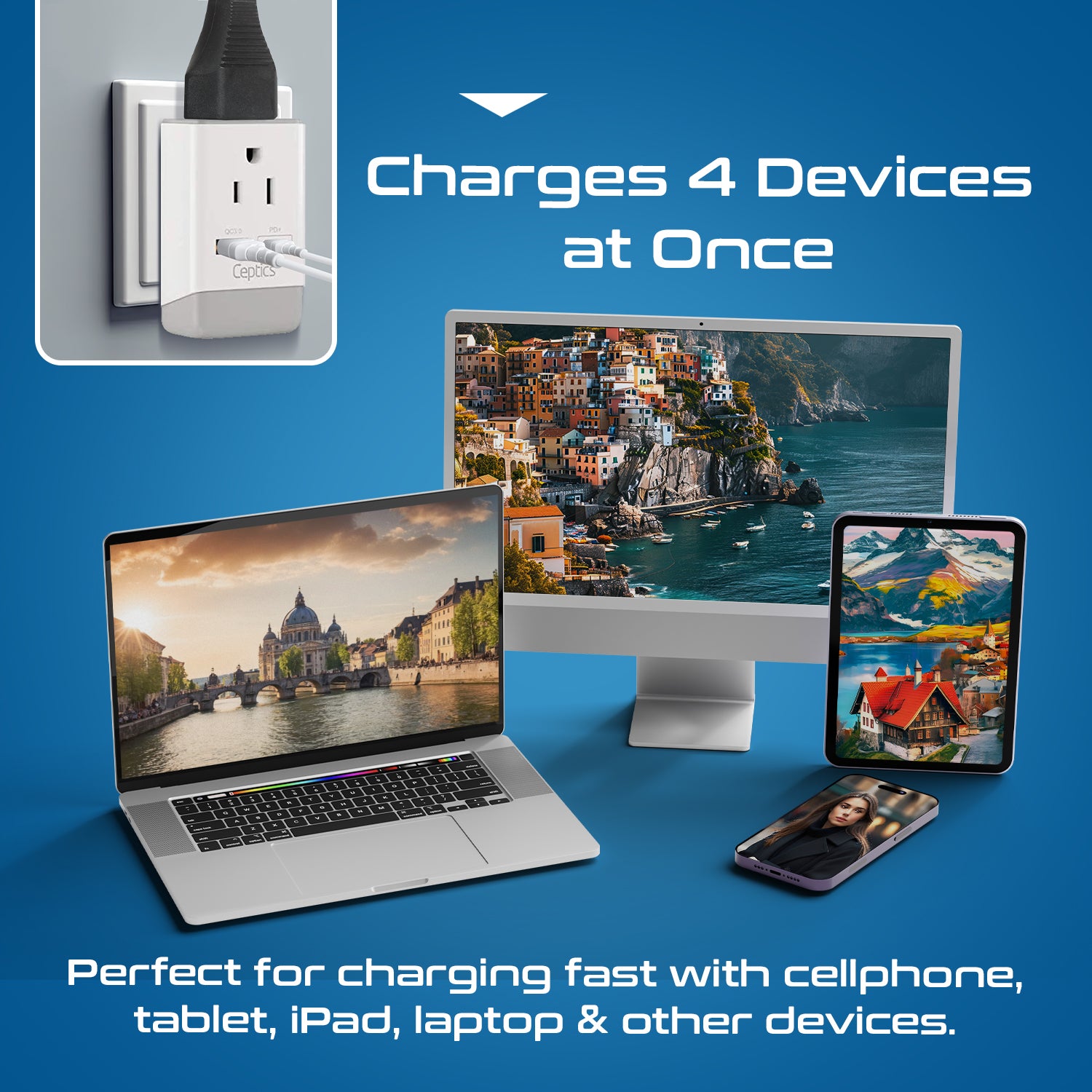 European Travel Adapter | Type C - USB-A & USB-C Ports + 2 USA Outlet (AP-9C)