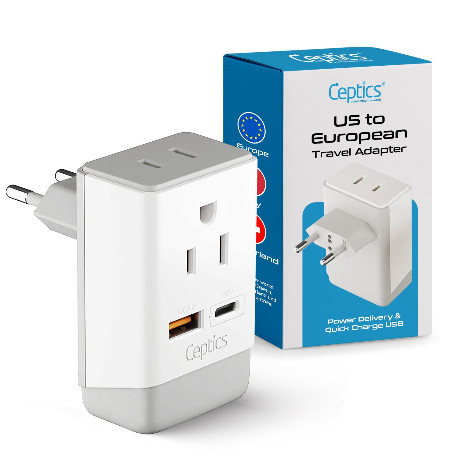 European Travel Adapter | Type C - USB-A & USB-C Ports + 2 USA Outlet (AP-9C)