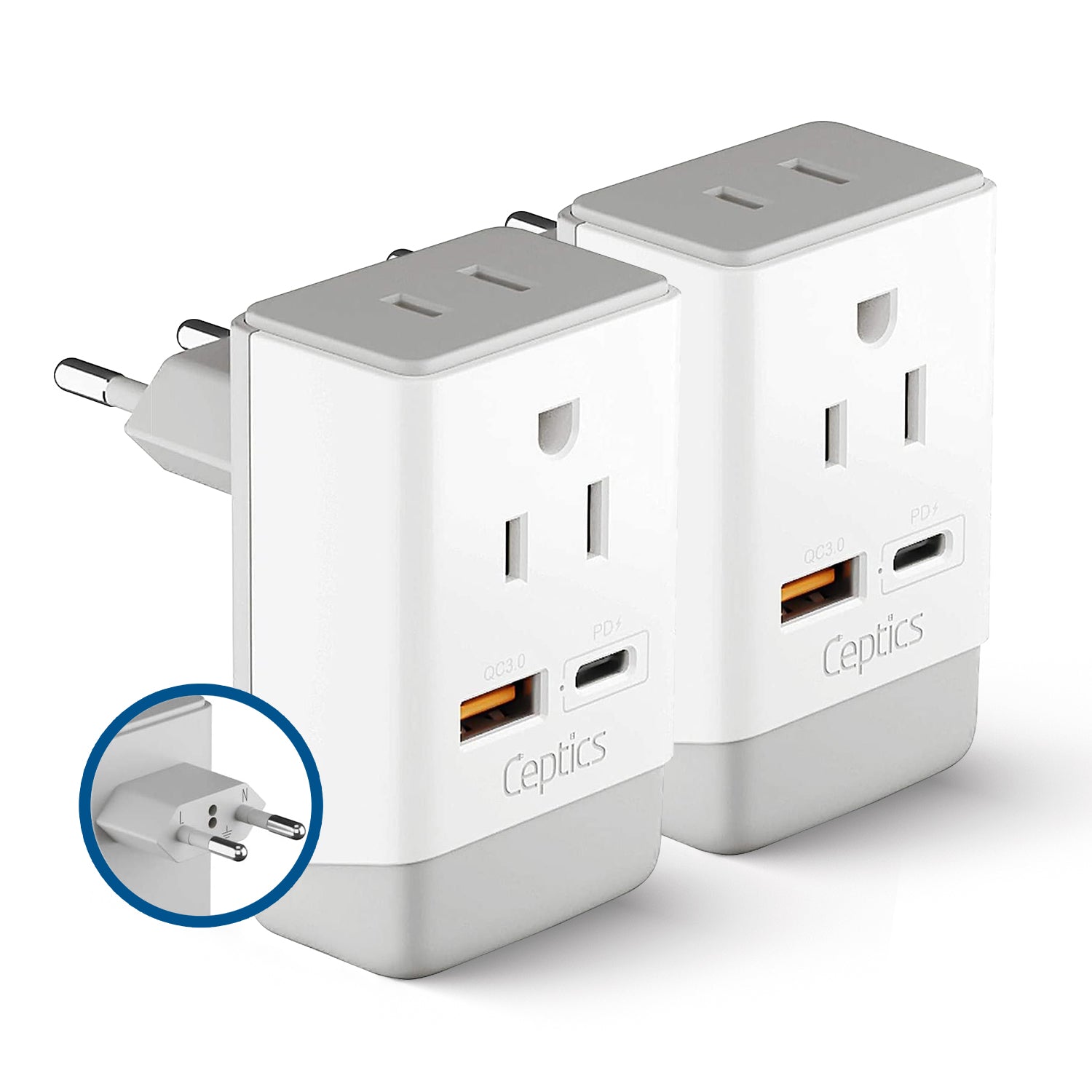 European Travel Adapter | Type C - USB-A & USB-C Ports + 2 USA Outlet (AP-9C)