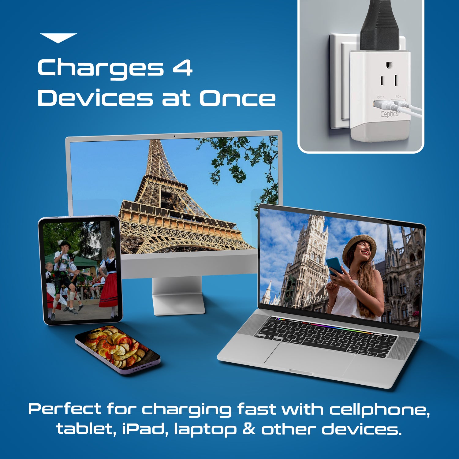 Europe (Schuko) Travel Adapter | Type E/F - USB-A & USB-C Ports + 2 USA Outlet (AP-9)
