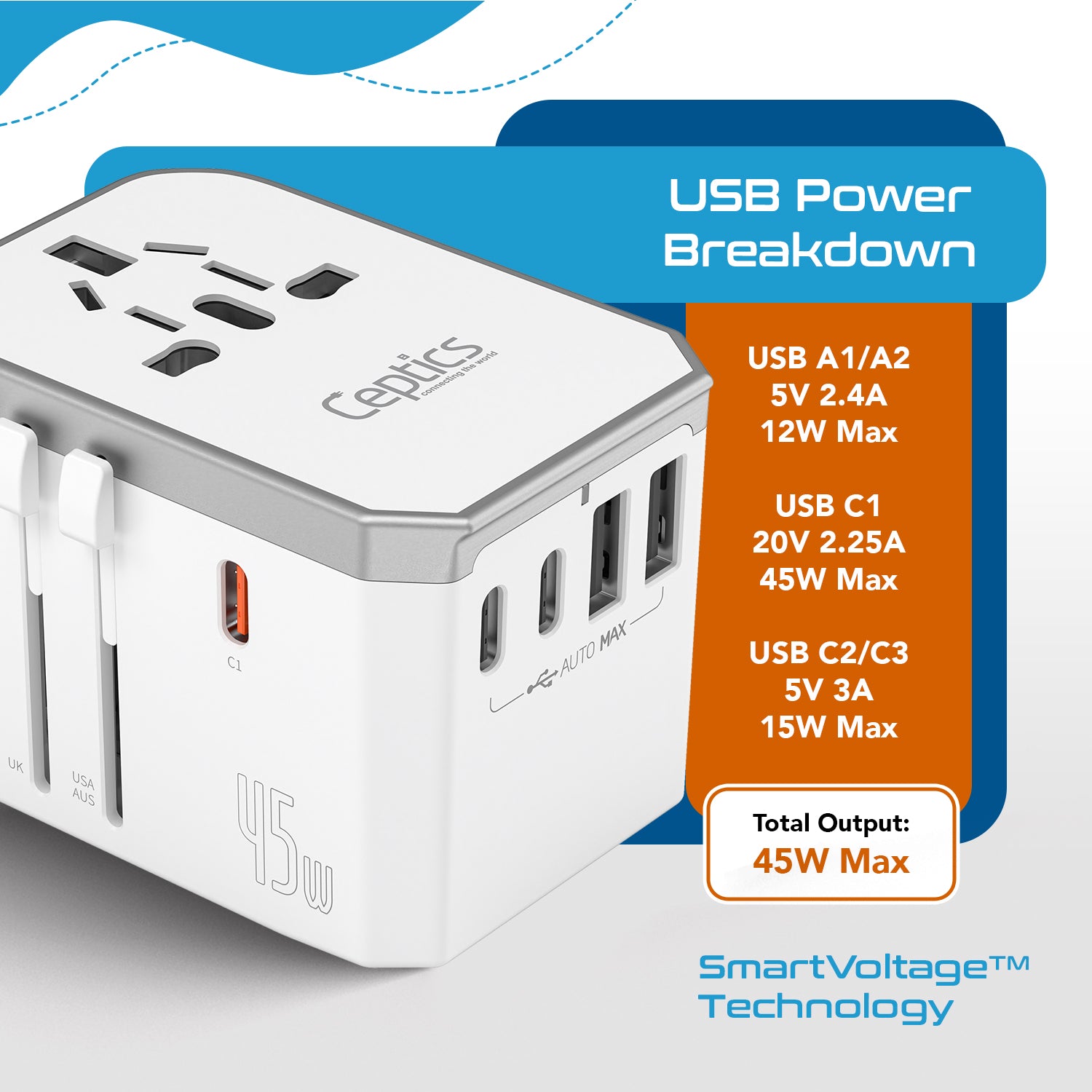 45W 6 in 1 Universal Travel Adapter - 2 USB-A + 3 USB-C - Max. 45W (9A