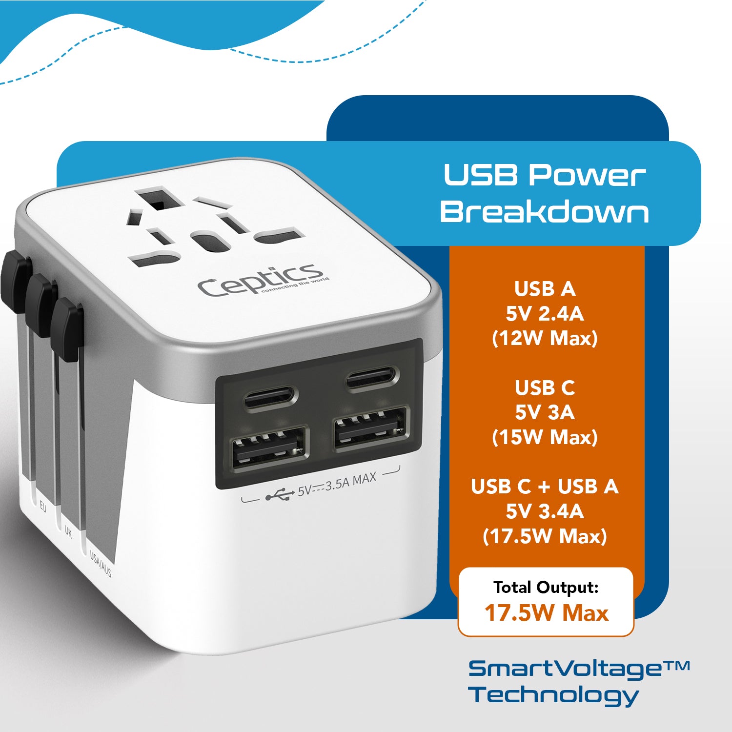 5 in 1 Universal Travel Adapter - 2 USB-A + USB-C - Max. 17.5W (3.5A) - White (UP-9KU)