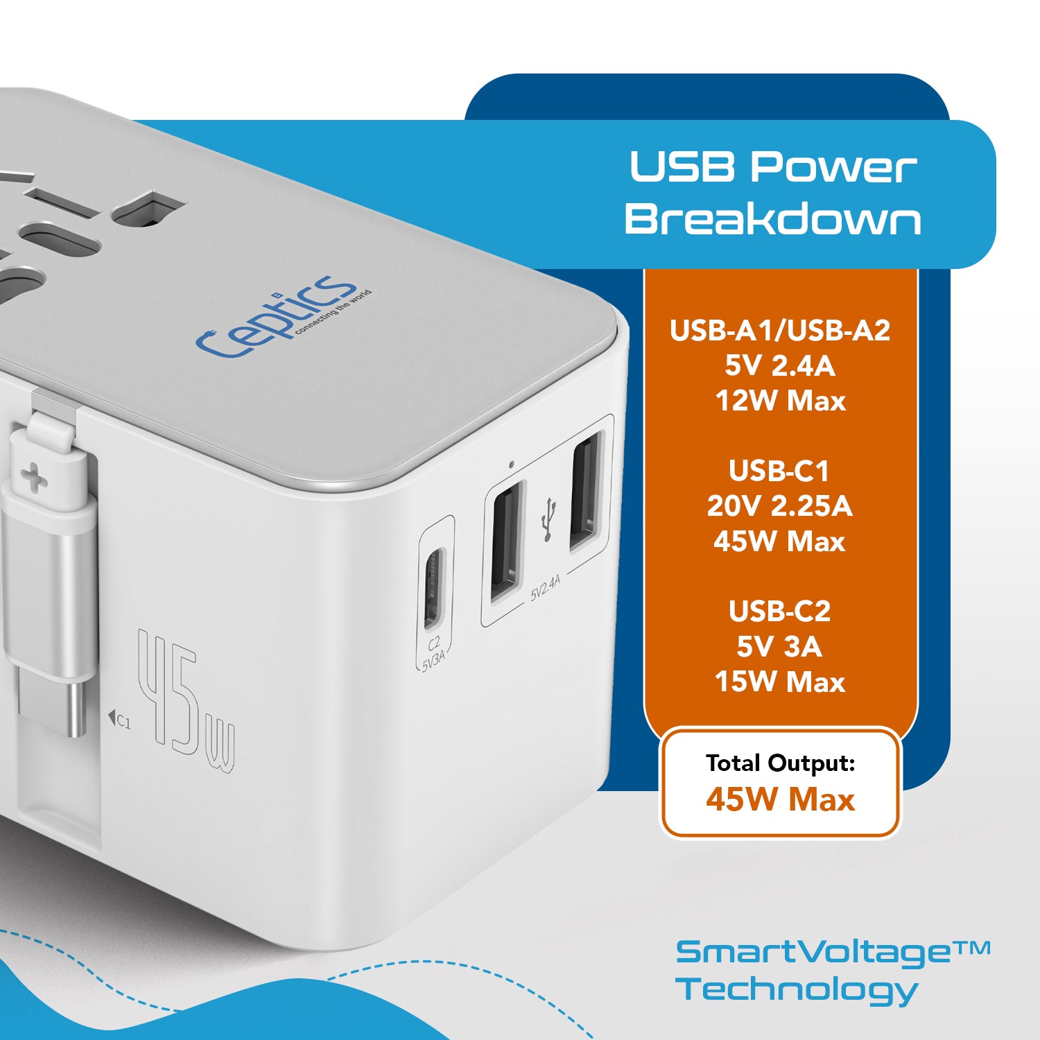 45W 5 in 1 Universal Travel Adapter - 2 USB-A + 1 retractable USB-C cable (PD 45W), & 1 USB-C - Max. 45W (9A) - White (UP-45WC-WH)